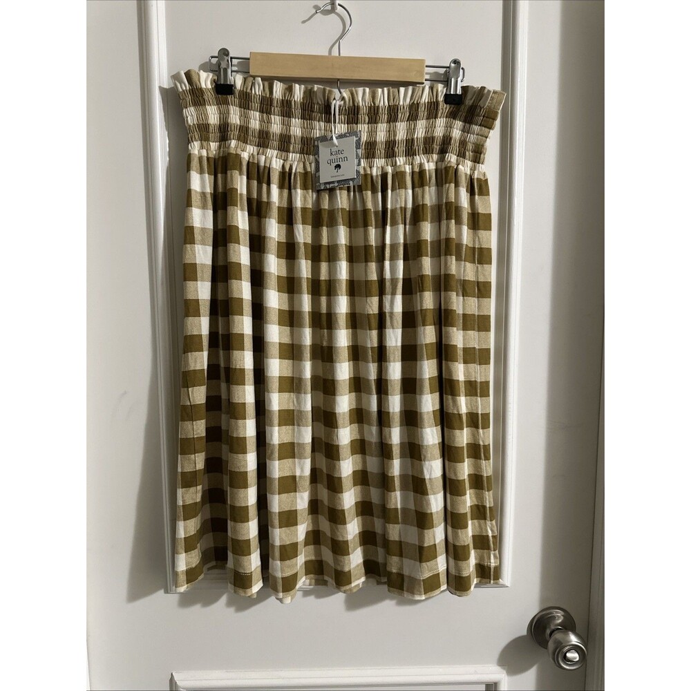 kate quinn Olive Green and White Gingham Midi Skirt